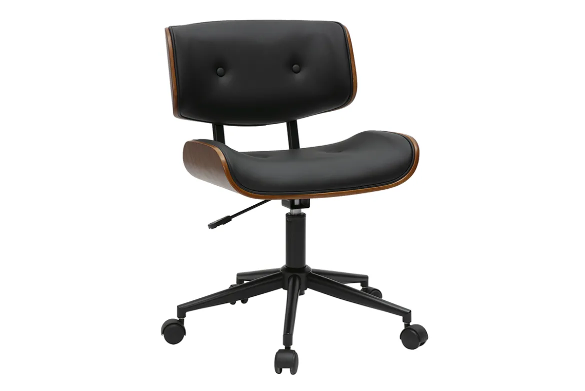 Chaise de bureau à roulettes noire et bois foncé BASILE