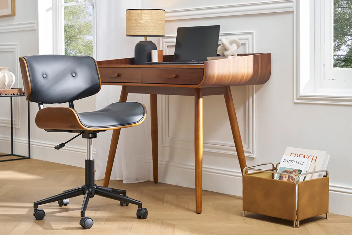 Chaise de bureau à roulettes noire et bois foncé BASILE