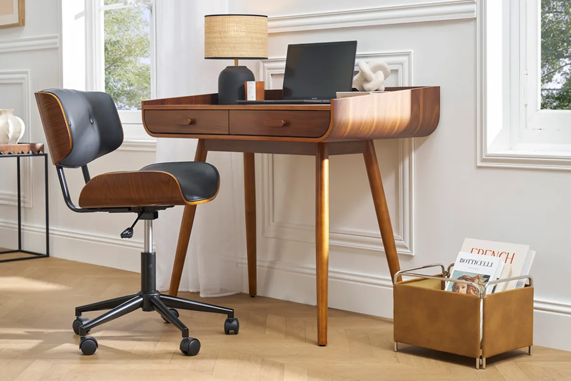 Chaise de bureau à roulettes noire et bois foncé BASILE