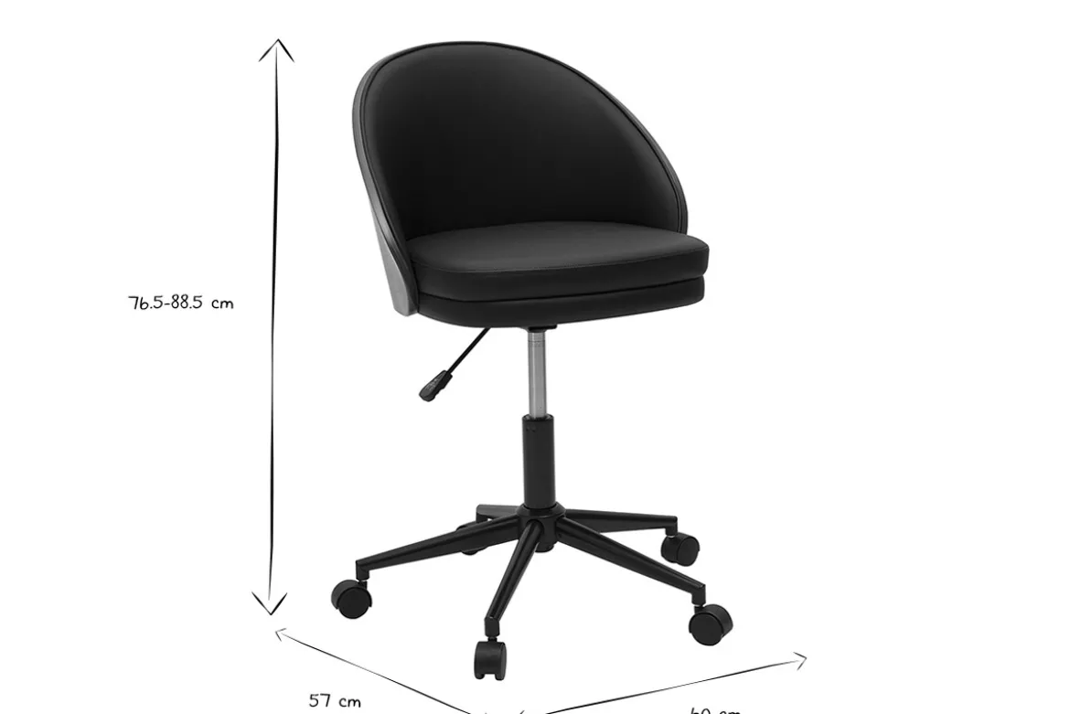 Chaise de bureau à roulettes noire, bois foncé et métal TUCSON