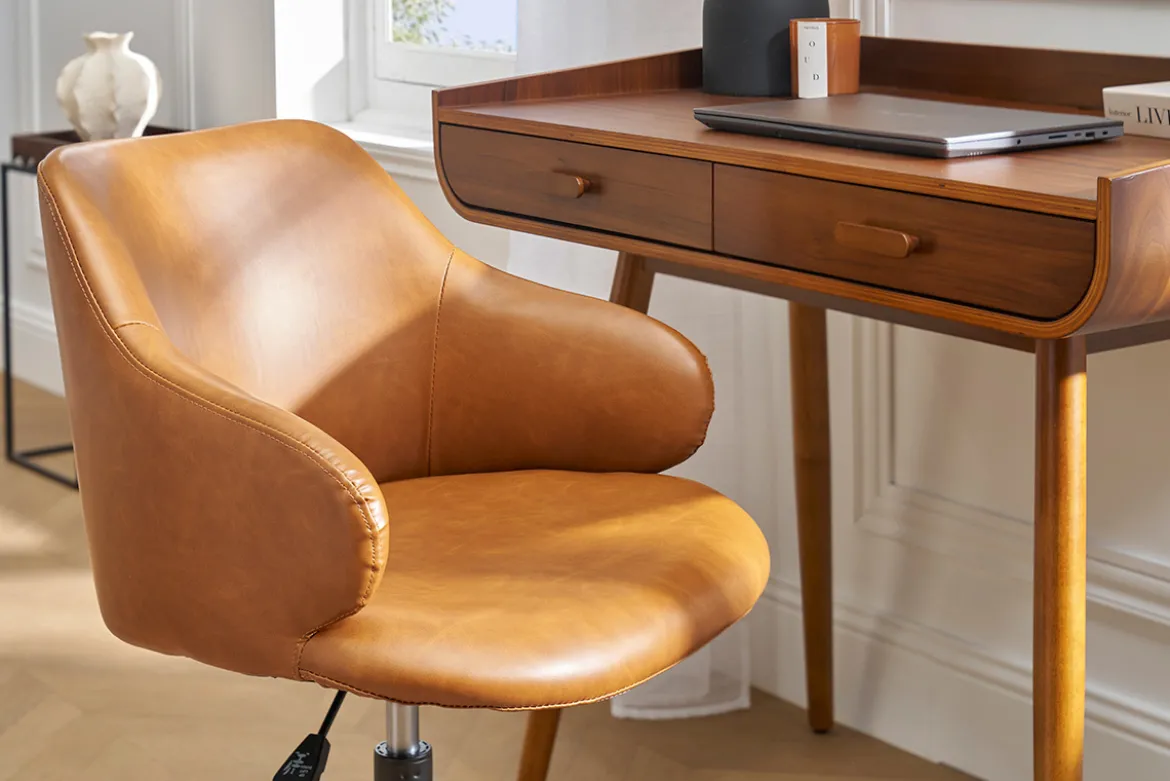 Chaise de bureau à roulettes vintage marron et métal noir HEMMY