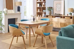 Chaise design en tissu bleu canard et bois clair BENT