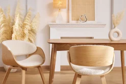 Chaise design en tissu effet laine bouclée blanc et bois clair BENT