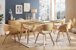 Chaise design en tissu effet laine bouclée blanc et bois clair BENT
