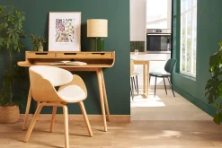 Chaise design en tissu effet laine bouclée blanc et bois clair BENT