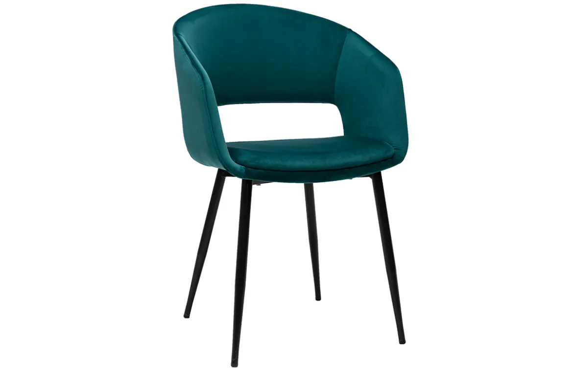 Chaise design en tissu velours bleu pétrole et métal noir PRISMA