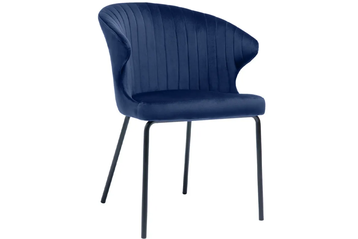 Chaise design en tissu velours bleu foncé et métal noir REQUIEM