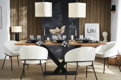 Chaise design en tissu velours chenille blanc cassé et métal noir JENNA