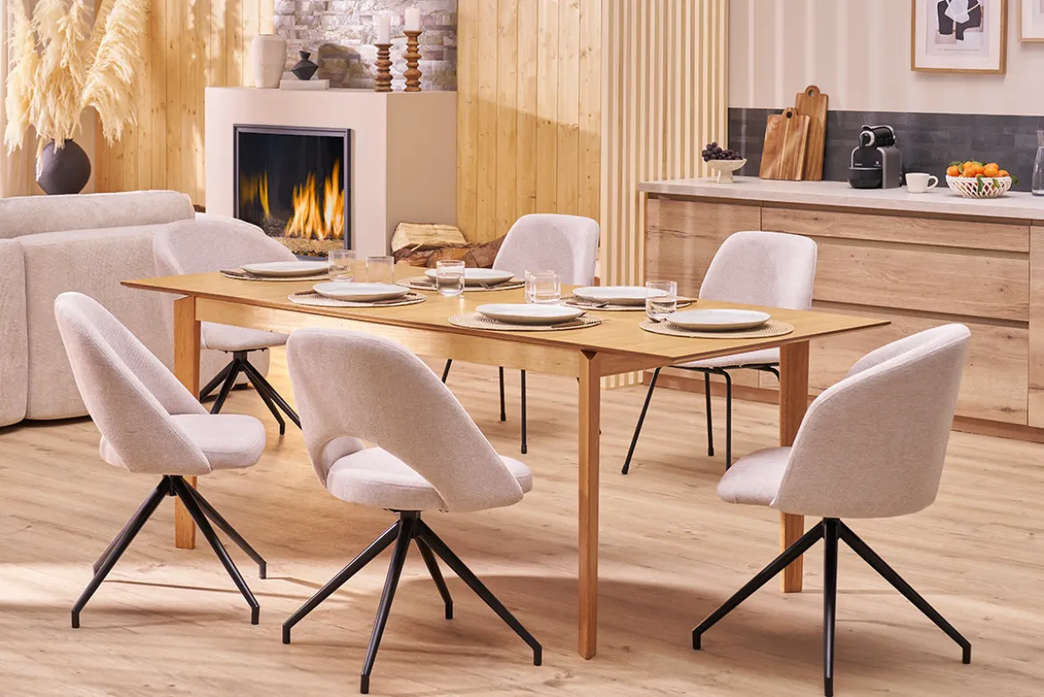 Chaise design pivotante 360° en tissu effet velours texturé beige et métal noir VANITY