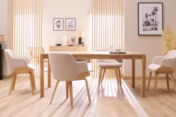 Chaise en tissu chenille beige et bois foncé EARL