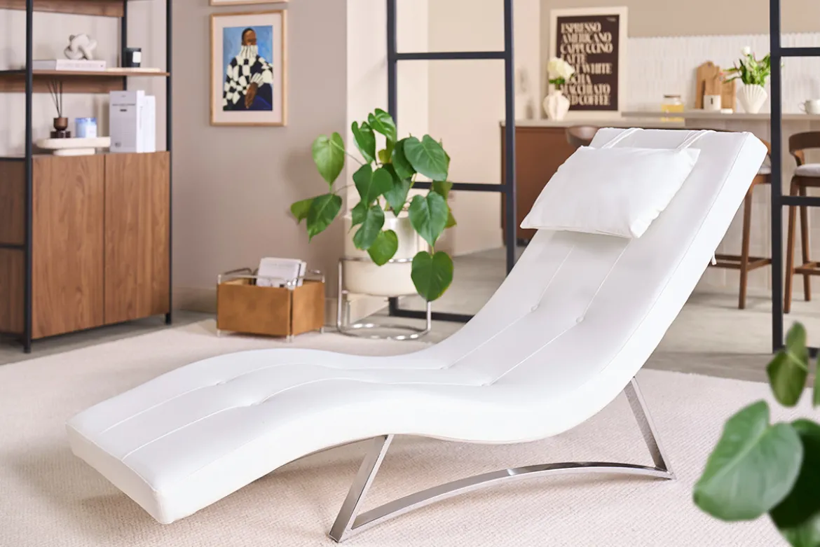 Chaise longue design blanc et acier chromé BARTY