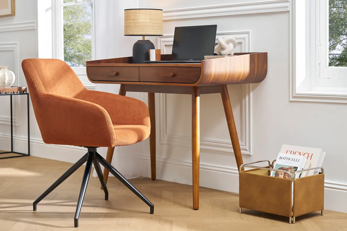 Chaise pivotante 360° en tissu velours côtelé terre brûlée et métal noir LAURETTE