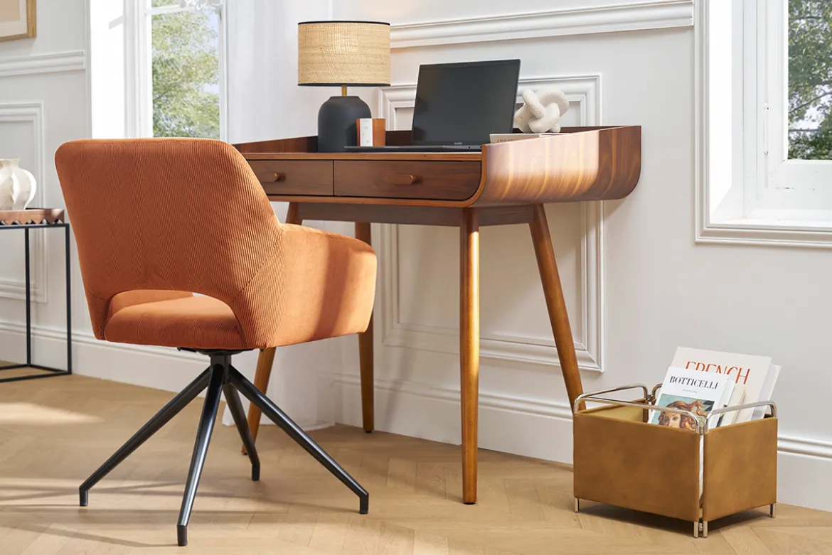 Chaise pivotante 360° en tissu velours côtelé terre brûlée et métal noir LAURETTE