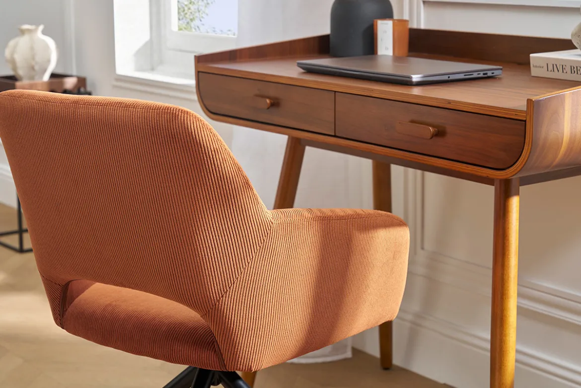 Chaise pivotante 360° en tissu velours côtelé terre brûlée et métal noir LAURETTE
