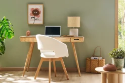 Chaise scandinave en tissu effet laine bouclée blanc et bois clair massif PRISMA