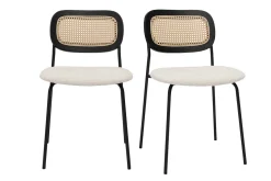 Chaises design en tissu effet laine bouclée blanc, métal noir et cannage rotin (lot de 2) MIRANDA