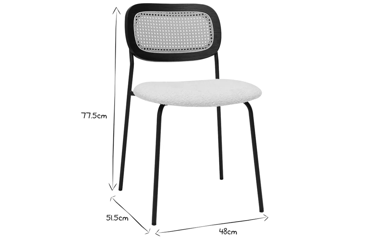 Chaises design en tissu effet laine bouclée blanc, métal noir et cannage rotin (lot de 2) MIRANDA