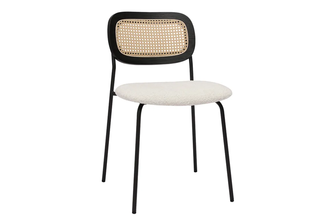 Chaises design en tissu effet laine bouclée blanc, métal noir et cannage rotin (lot de 2) MIRANDA