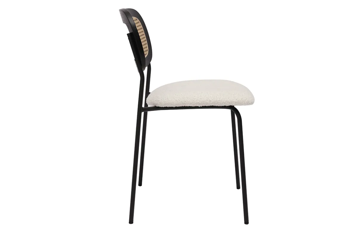 Chaises design en tissu effet laine bouclée blanc, métal noir et cannage rotin (lot de 2) MIRANDA