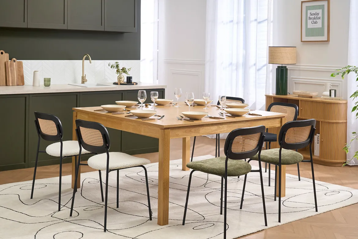 Chaises design en tissu effet laine bouclée blanc, métal noir et cannage rotin (lot de 2) MIRANDA