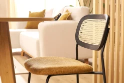 Chaises design en tissu effet velours texturé bronze, métal noir et cannage rotin (lot de 2) MIRANDA