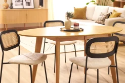 Chaises design en tissu effet velours texturé beige, métal noir et cannage rotin (lot de 2) MIRANDA