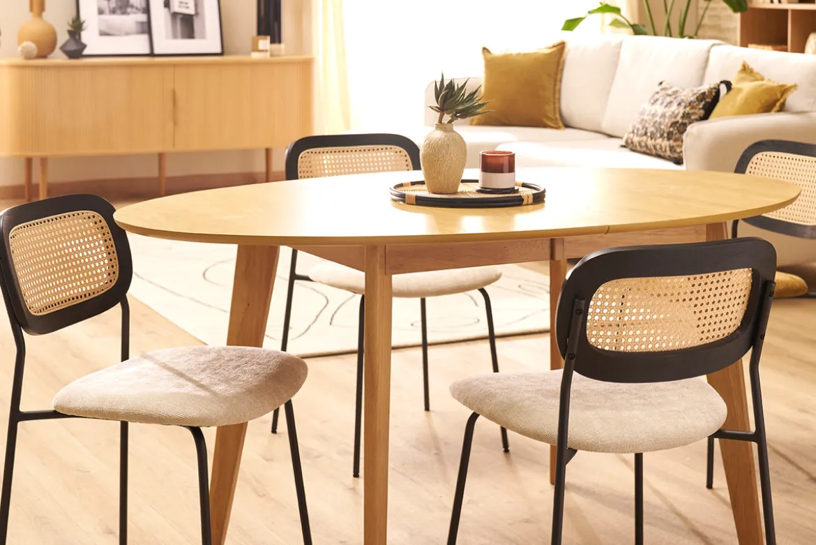 Chaises design en tissu effet velours texturé beige, métal noir et cannage rotin (lot de 2) MIRANDA