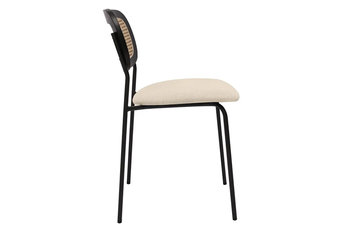 Chaises design en tissu effet velours texturé beige, métal noir et cannage rotin (lot de 2) MIRANDA