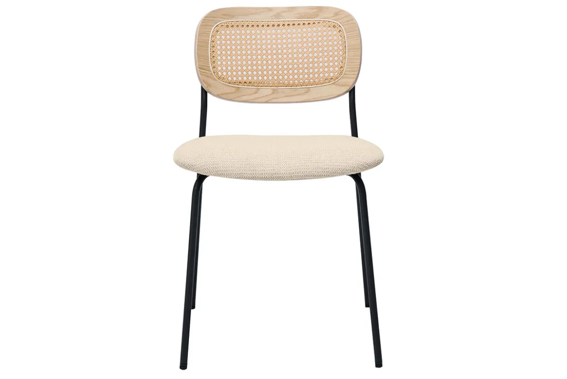 Chaises design en tissu effet velours texturé beige, métal noir et cannage rotin (lot de 2) MIRANDA