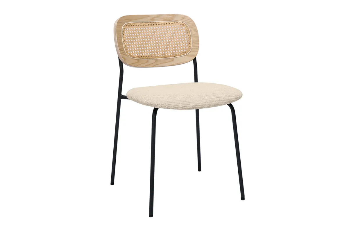 Chaises design en tissu effet velours texturé beige, métal noir et cannage rotin (lot de 2) MIRANDA