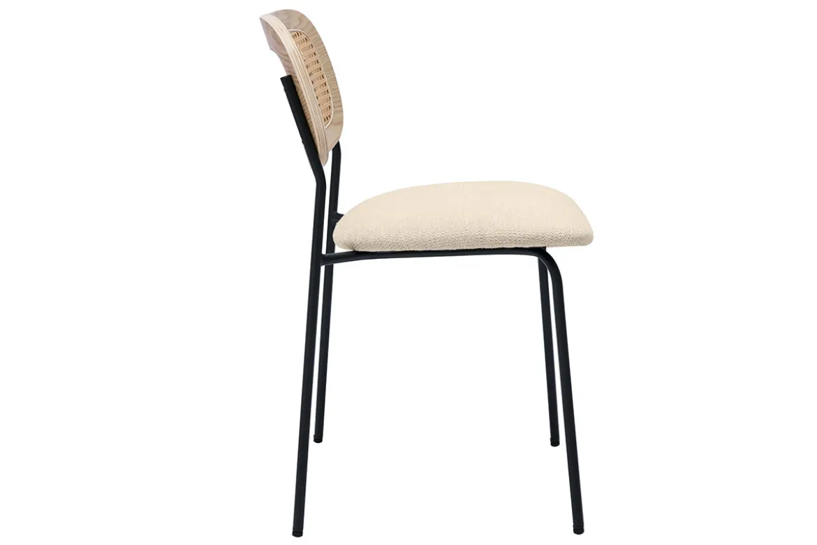 Chaises design en tissu effet velours texturé beige, métal noir et cannage rotin (lot de 2) MIRANDA