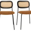 Chaises design en tissu effet velours texturé terre brulée, métal noir et cannage rotin (lot de 2) MIRANDA