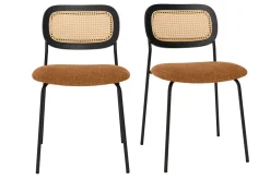 Chaises design en tissu effet velours texturé terre brulée, métal noir et cannage rotin (lot de 2) MIRANDA