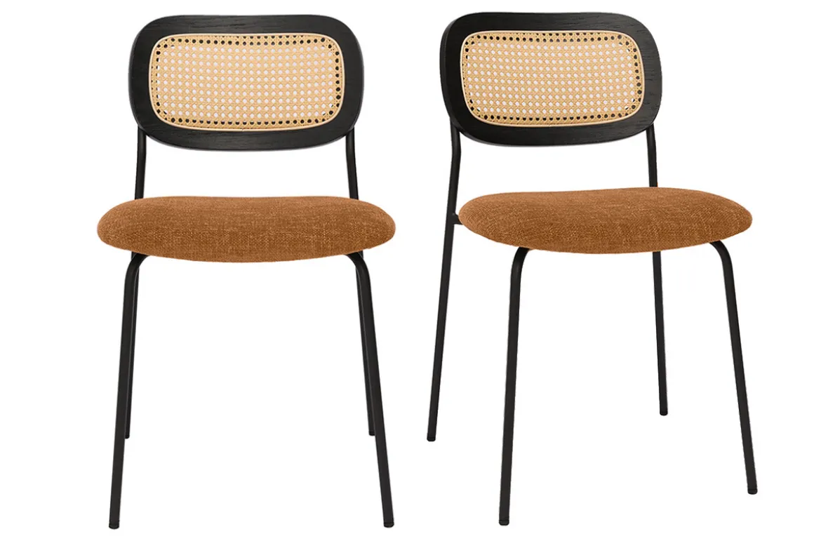 Chaises design en tissu effet velours texturé terre brulée, métal noir et cannage rotin (lot de 2) MIRANDA