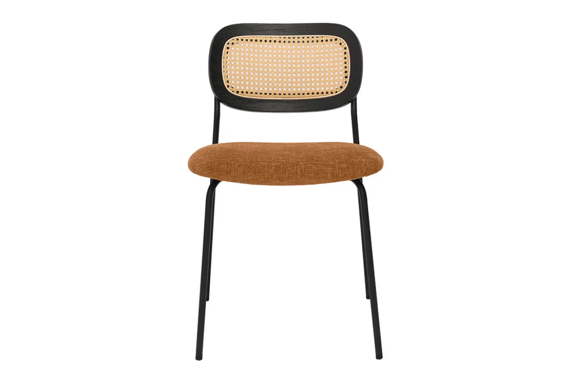 Chaises design en tissu effet velours texturé terre brulée, métal noir et cannage rotin (lot de 2) MIRANDA