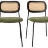 Chaises design en tissu effet velours texturé vert kaki, métal noir et cannage rotin (lot de 2) MIRANDA