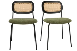Chaises design en tissu effet velours texturé vert kaki, métal noir et cannage rotin (lot de 2) MIRANDA