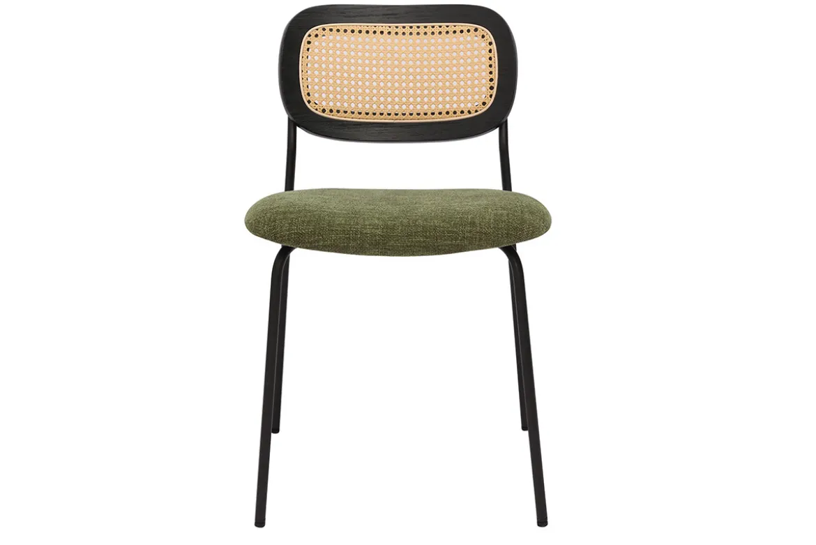 Chaises design en tissu effet velours texturé vert kaki, métal noir et cannage rotin (lot de 2) MIRANDA