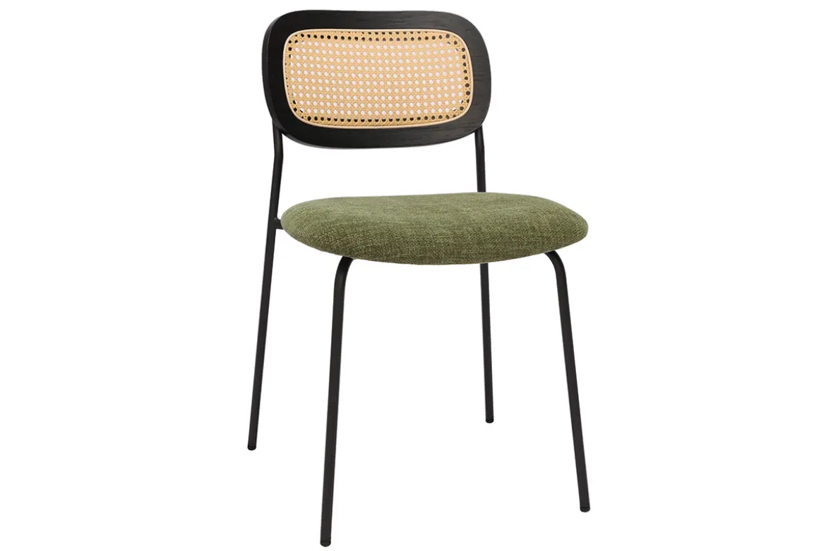 Chaises design en tissu effet velours texturé vert kaki, métal noir et cannage rotin (lot de 2) MIRANDA