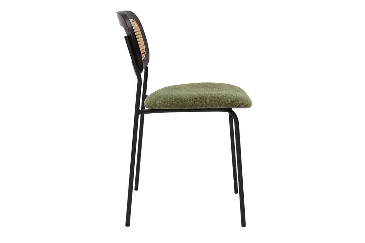 Chaises design en tissu effet velours texturé vert kaki, métal noir et cannage rotin (lot de 2) MIRANDA