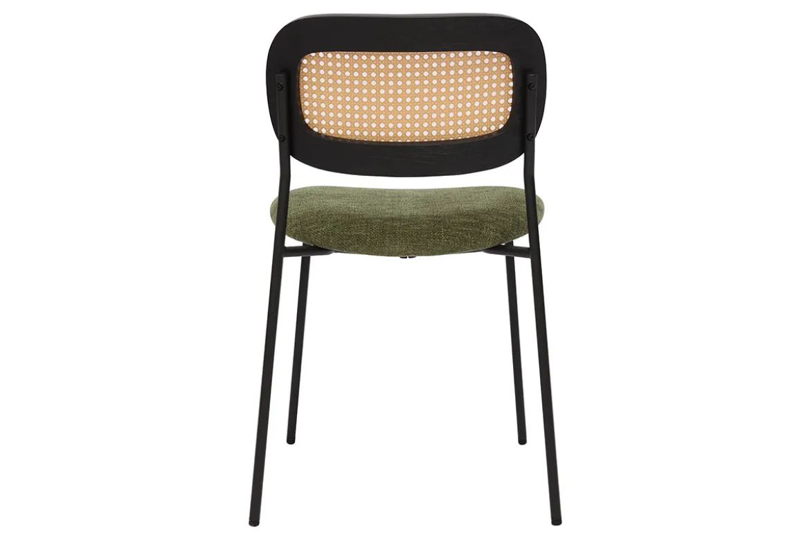 Chaises design en tissu effet velours texturé vert kaki, métal noir et cannage rotin (lot de 2) MIRANDA