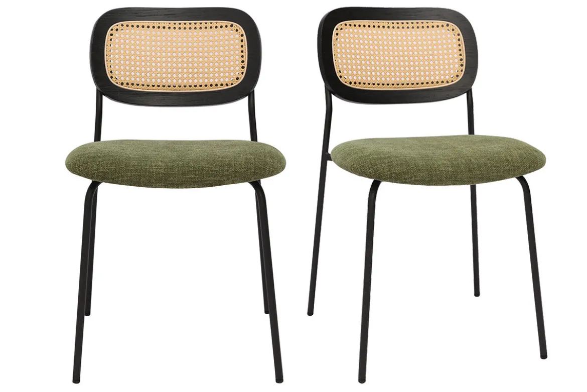 Chaises design en tissu effet velours texturé vert kaki, métal noir et cannage rotin (lot de 2) MIRANDA