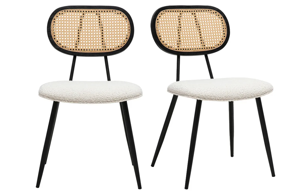 Chaises design en tissu effet laine bouclée blanc, métal noir et cannage rotin (lot de 2) SWANN