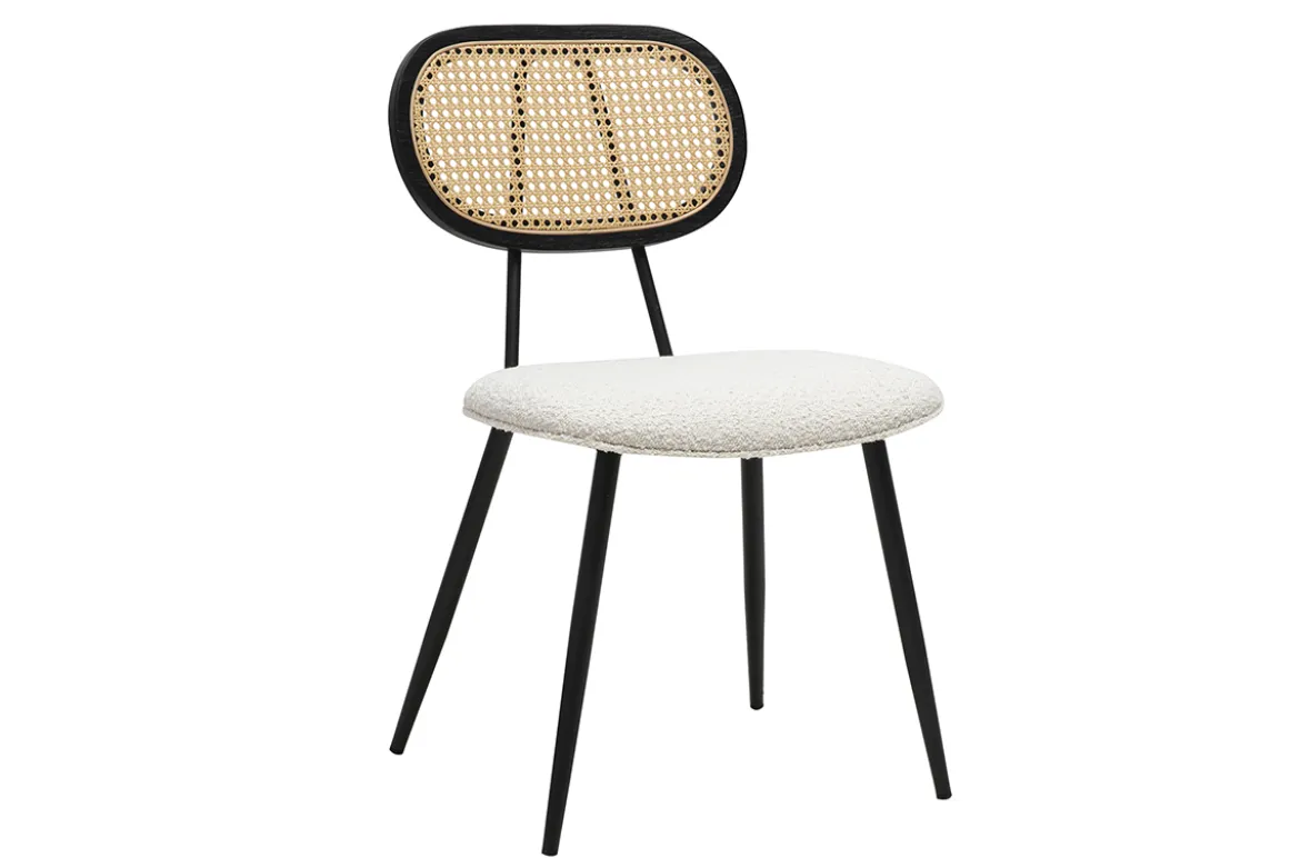 Chaises design en tissu effet laine bouclée blanc, métal noir et cannage rotin (lot de 2) SWANN