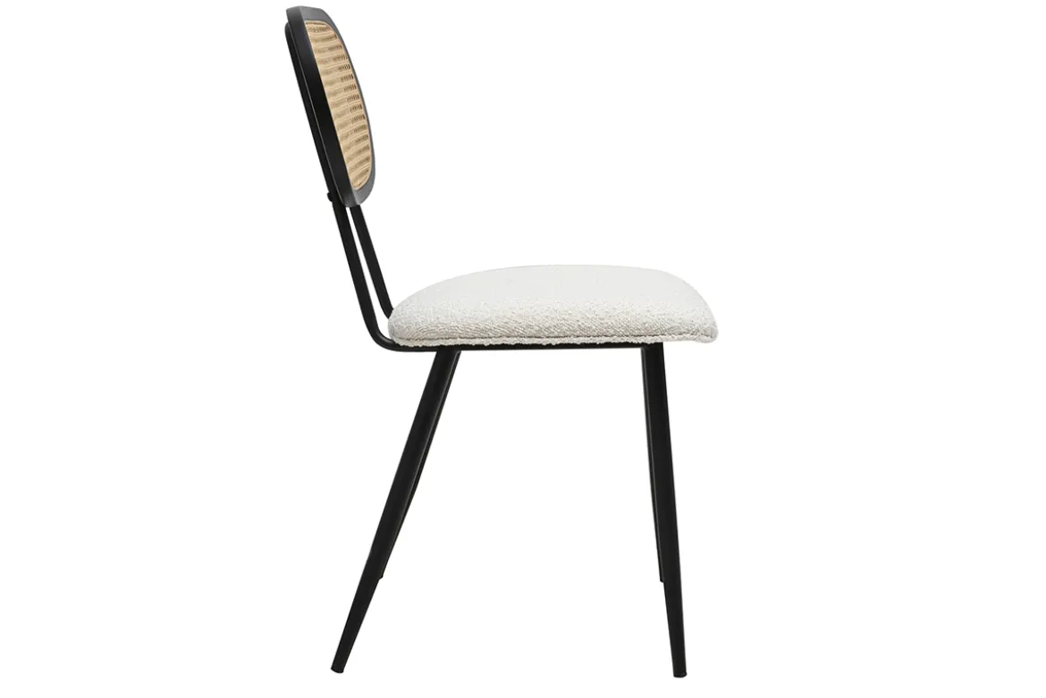 Chaises design en tissu effet laine bouclée blanc, métal noir et cannage rotin (lot de 2) SWANN