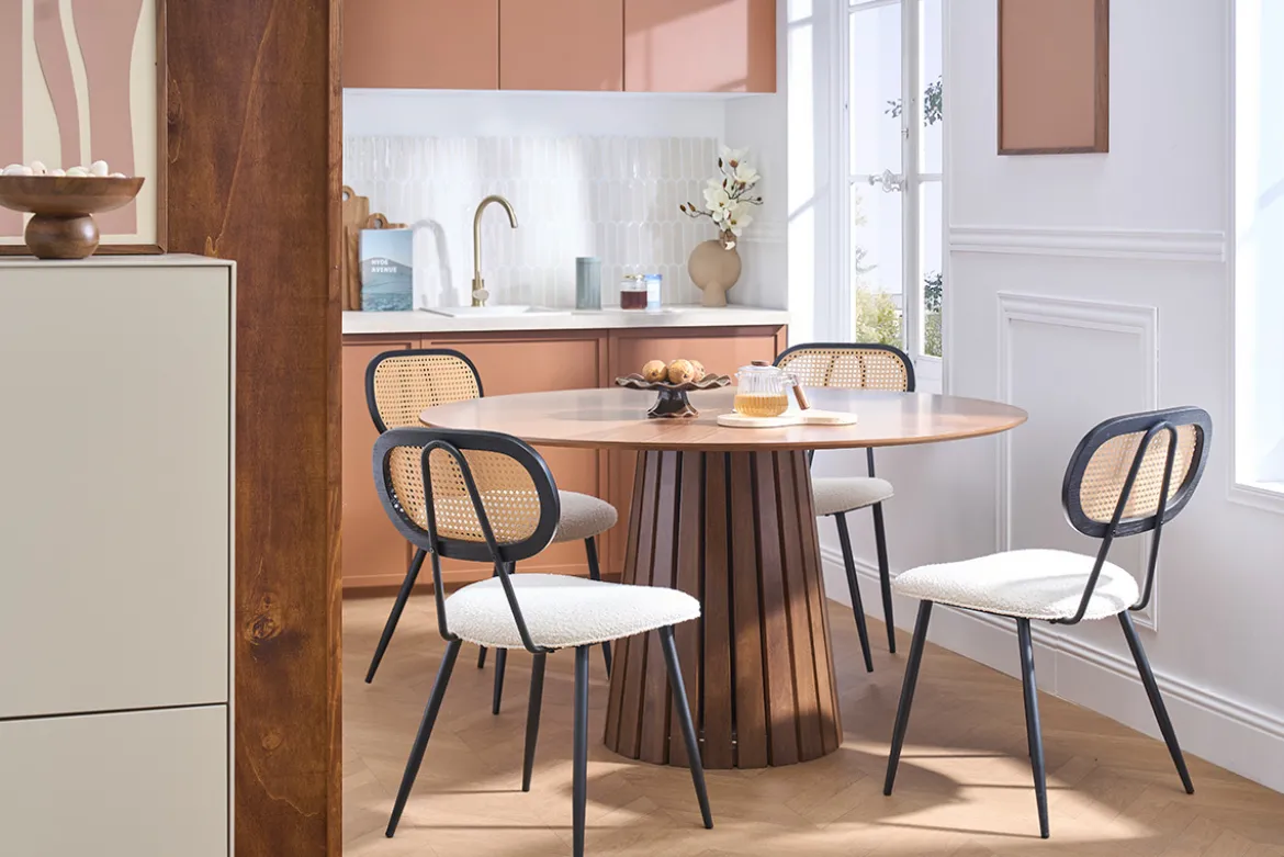 Chaises design en tissu effet laine bouclée blanc, métal noir et cannage rotin (lot de 2) SWANN