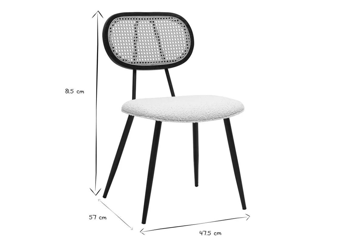 Chaises design en tissu effet laine bouclée blanc, métal noir et cannage rotin (lot de 2) SWANN