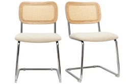 Chaises design en tissu effet velours texturé beige, métal chromé et cannage rotin (lot de 2) ELECTRA