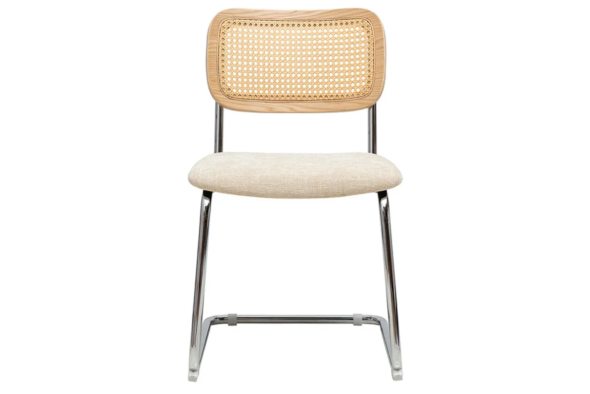 Chaises design en tissu effet velours texturé beige, métal chromé et cannage rotin (lot de 2) ELECTRA