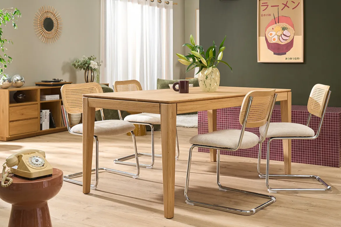 Chaises design en tissu effet velours texturé beige, métal chromé et cannage rotin (lot de 2) ELECTRA